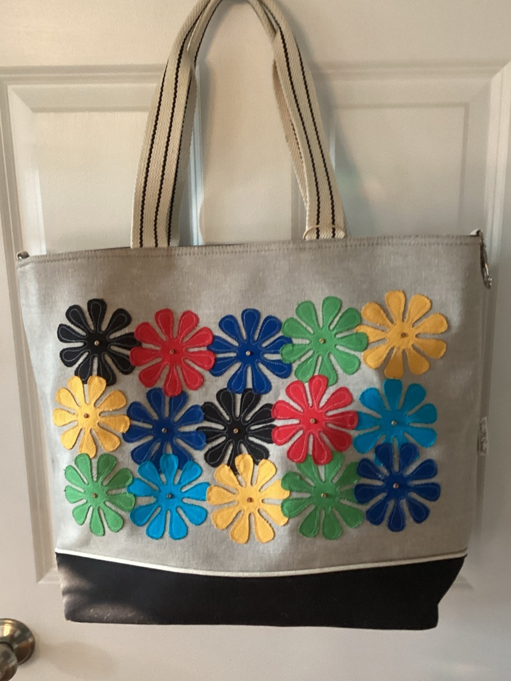 Canvas Floral Appliqué Tote Bag in Cream, Black and Multicolor